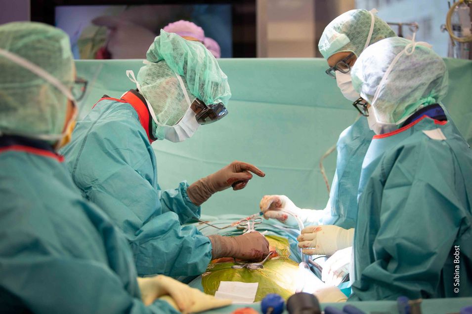 Chirurgen operieren einen Patienten an der Wirbelsäule mit Hilfe der Augemented-Reality-Technologie
