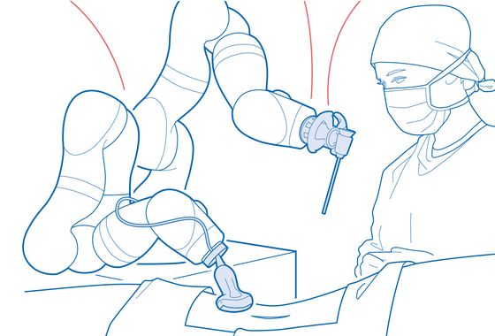 Drawing of a person operating with the help of a robotic arm.